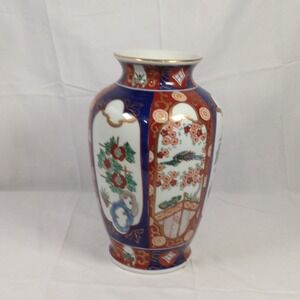Vintage Gold Imari Blue Hand Painted Vase 9 1/2" Japan